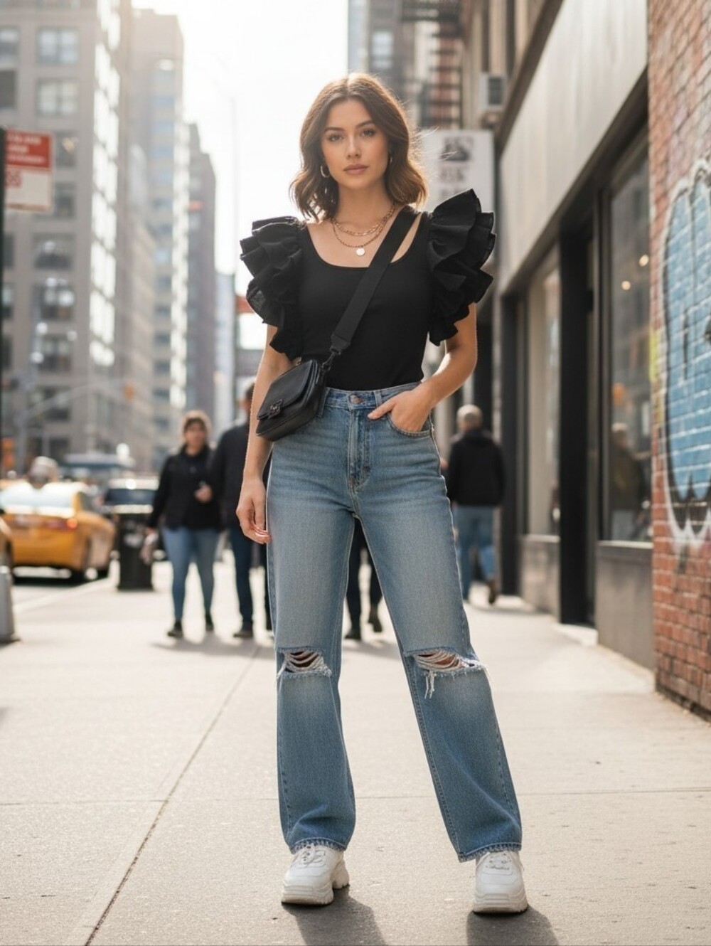 BUCKETLIST Black Ruffle Sleeve Crop Top Small